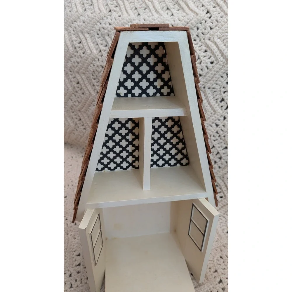 Handmade Wooden A-Frame House Shadow Box Wall Shelf Shingle Roof Cream 15in